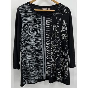 Chico's Women's Bl Wh Animal Print Sequin Blouse Top Size 3 US XL New Years Eve